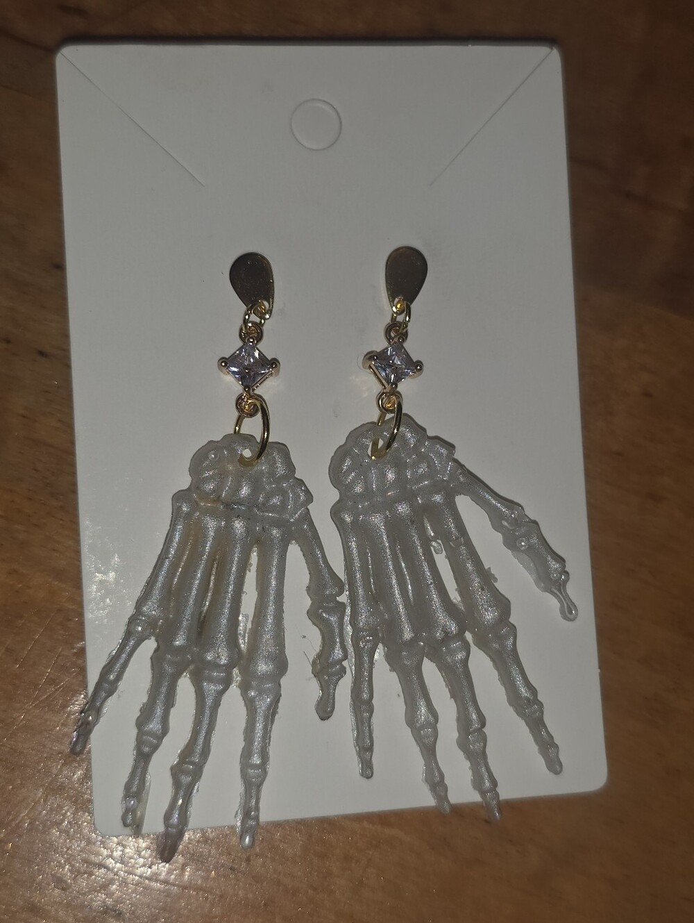 Resin Whire Skeleton Hand Earrings On Gold Tone Stud Posts W Accent Rhinestone